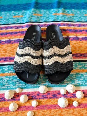 SILENT D Black Beige Woven Pool Slides Sandals Size 39 / US 9